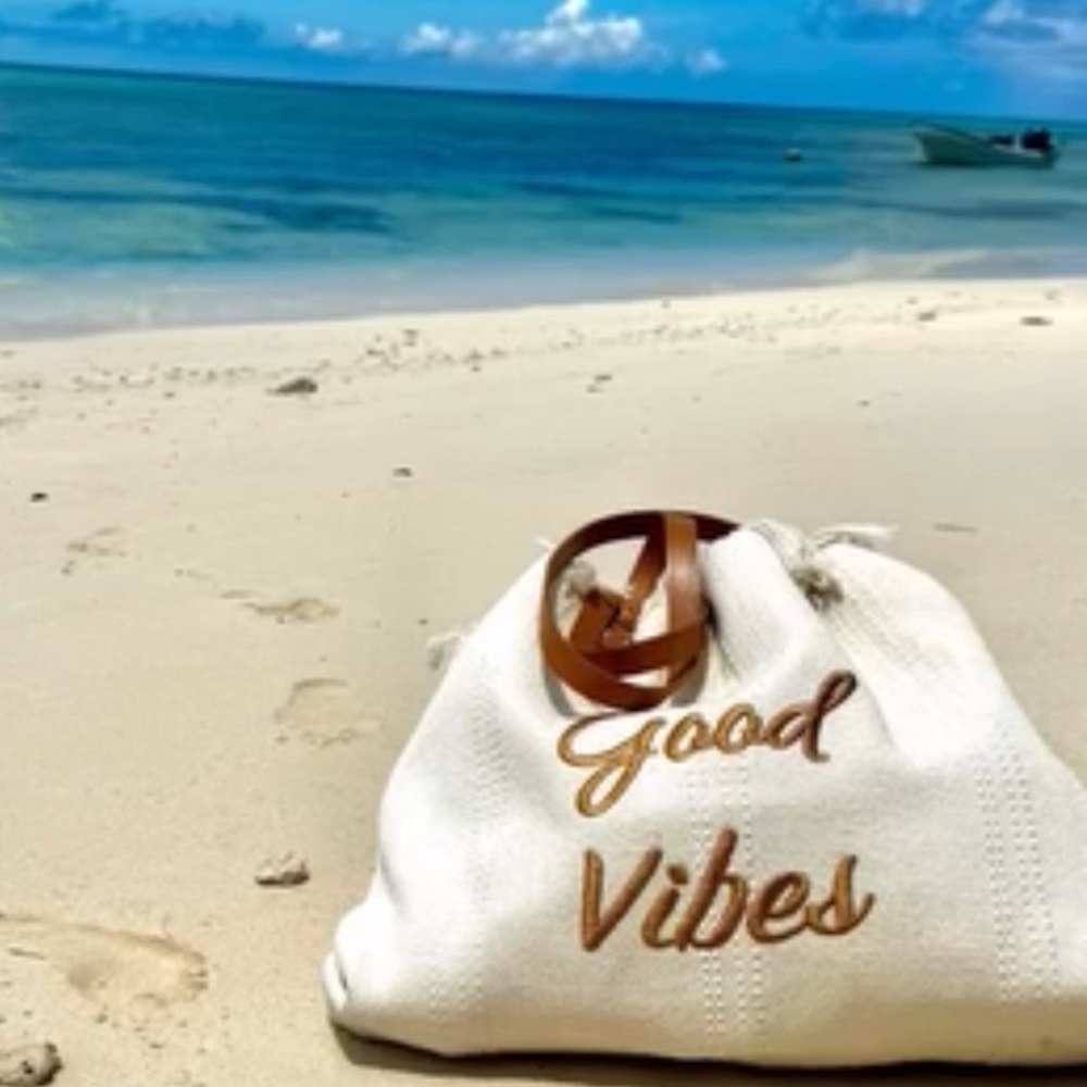 Good Vibes Beige Fringe Tote Bag with Brown Handles